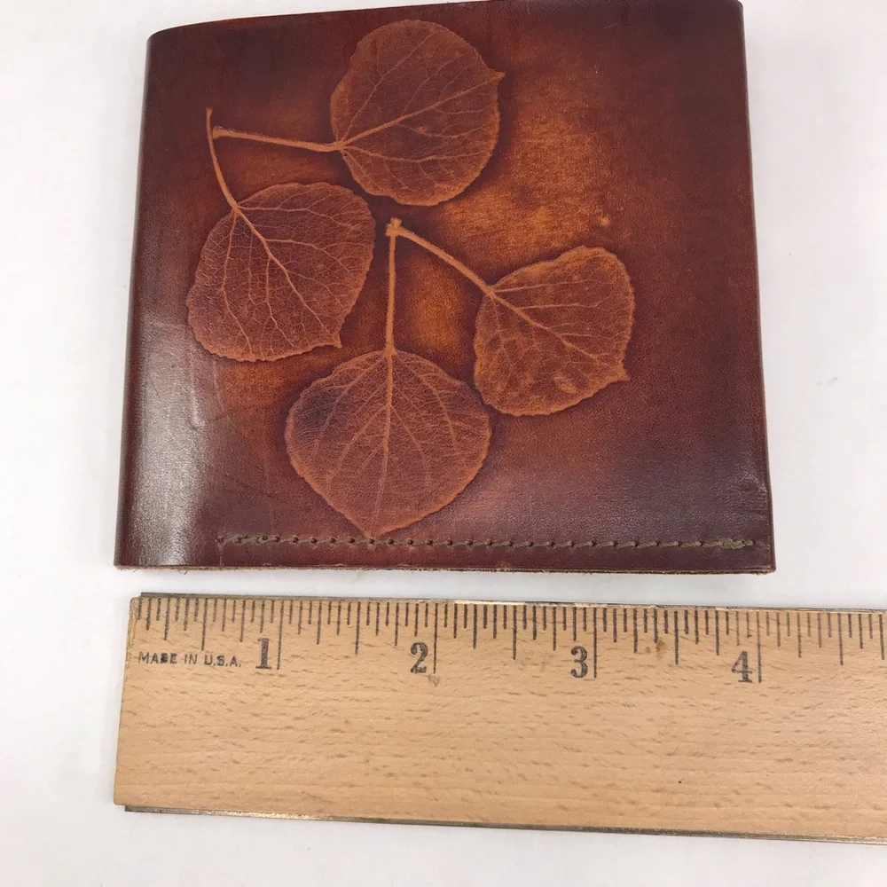 Vintage Tooled Leather Wallet Aspen Leaf Design Bi Fold Made in Colorado